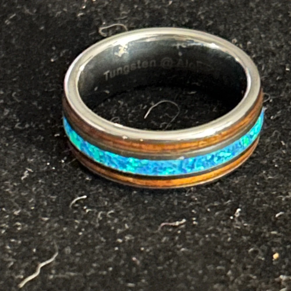 Tungsten Carbide inlaid Hawaiian Koa Wood With Opal Ring Size 9